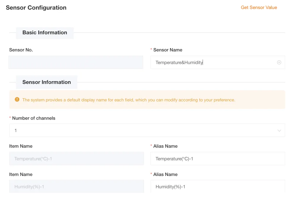 Interface de configuration du capteur de température et d'humidité