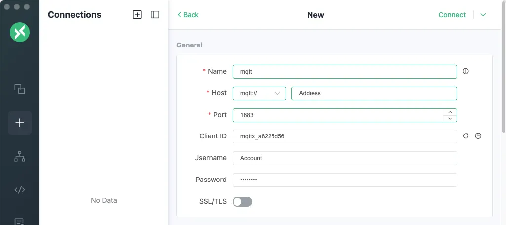 Interfaz de configuración de la conexión MQTTX