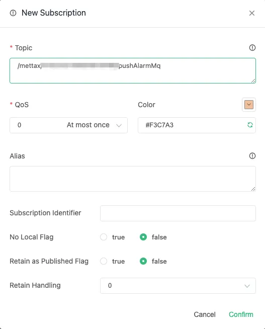 Interfaz de suscripción a temas de MQTTX