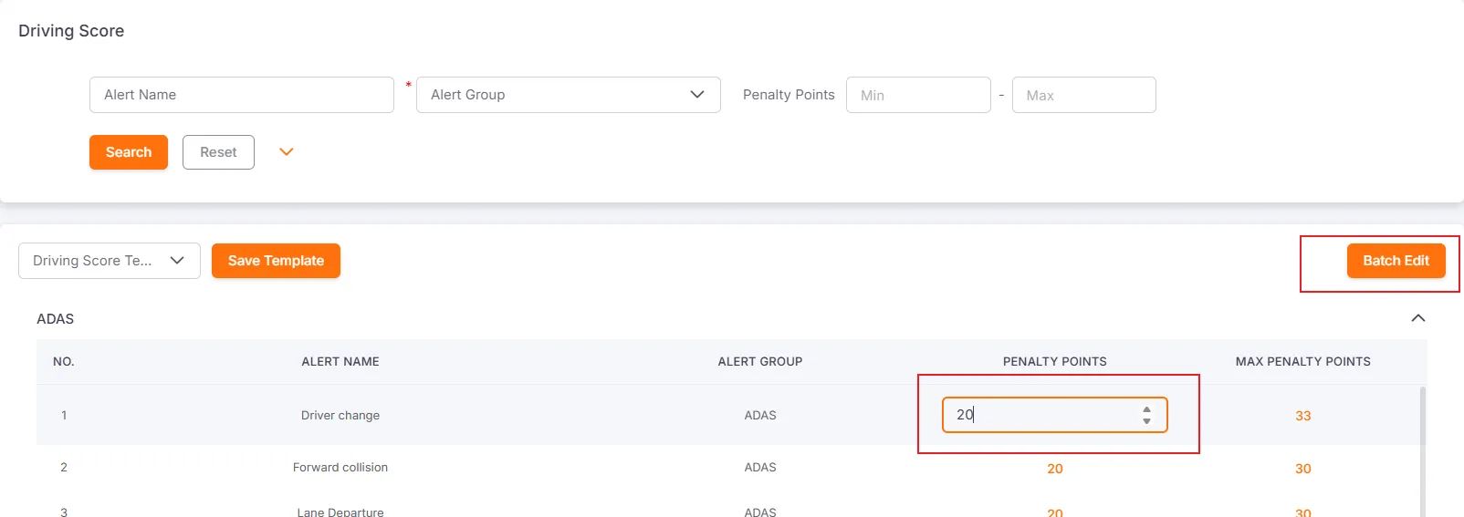 Edit Driving Behavior Scoring Settings Interface